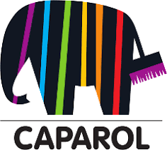 Olifant met gekleurde zebra strepen en staart verfborstel, logo caparol